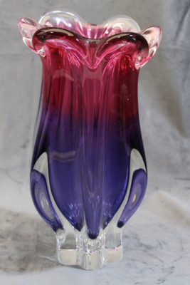 Josef Hospodka Glas Vase mundgeblasenblau lila pink Chribska 60er, C3.19.1