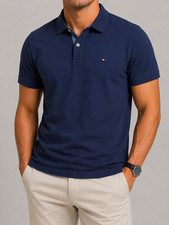 Tommy Hilfiger Men's Blue Slim Fit Polo Shirt XL Logo Pique Condition