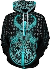 3D Viking Warrior Hoodie Norse Rune Blue Print Pullover Sweatshirt Men Women Kid