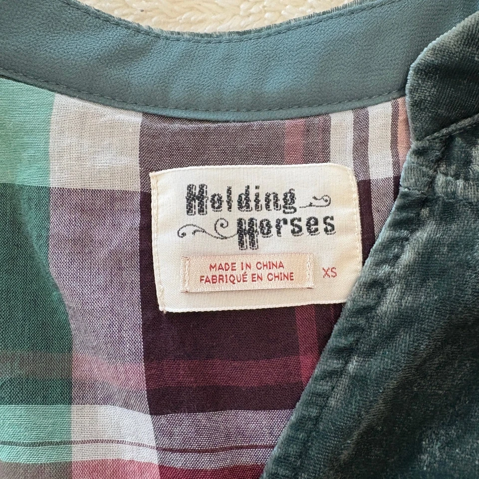 Vestido de terciopelo Holding Horses para mujer XS Forrest verde manga larga abotonada Foto 3 de 4