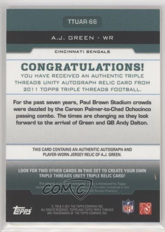 2011 Topps Triple Threads Unity Relics Emerald /50 AJ Green Rookie Auto RC - Image 2 of 2