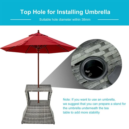 Outsunny Rattan Wicker Tea Coffee Table w/ Umbrella Hole and Storage Space Grey - Picture 6 of 10