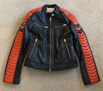 Jack1T Warrior Black Orange Sheep Leather Motorcycle Jacket Fur Lined Size Small