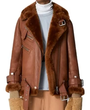 Pre-Owned The Arrivals Moya Leather & Shearling Trim Jacket Brown- Size Large 