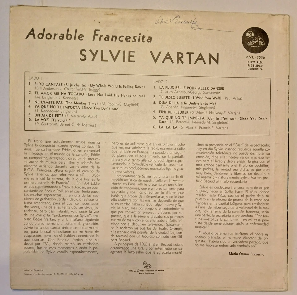 Sylvie VARTAN Album vinyle ADORABLE FRANCESITA Argentine 1964 - Photo 3/4