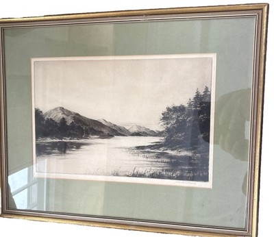 Johnstone Baird Scottish 1880-1935 Pencil SIGNED Etching Framed Lake Landscape
