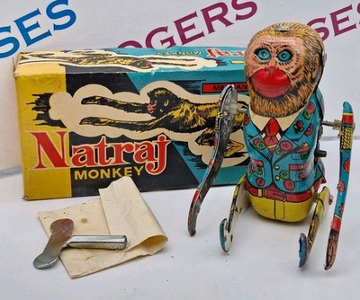 Vintage Natraj Tin Litho Wind-up Mechanical Flipping Monkey Working With Key