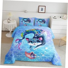 Rainbow Cartoon Cat Bed Sheet Set Colorful Mermaid Comforter Set Twin Multi 03