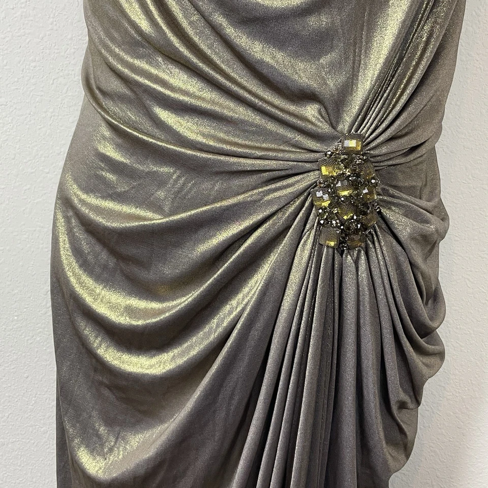 Maxi Vestido Formal Tadashi Shoji Bronce Dorado Talla 6 Acanalado Drapeado Invitado de Boda Foto 3 de 4