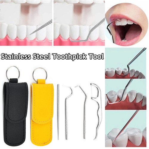 Juego de 4 palillos de dientes de metal de acero inoxidable para limpieza dental oral con bolsa de almacenamiento ‖ - Imagen 1 de 14