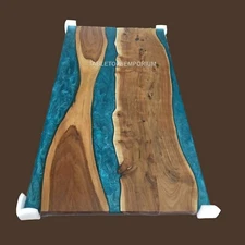Made to Order Custom Acacia Epoxy Blue Resin Wooden Dining Table Top Furniture 
