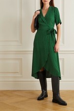 GANNI PRINTED CREPE WRAP DRESS GREEN