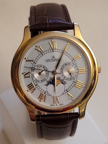 GROVANA 1025.1 Swiss Moonphase Analog Display 3ATM Sapphire Quartz Gold Platen. - Picture 13 of 16