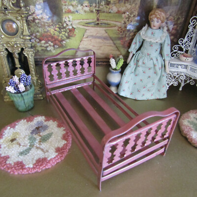 Antique Dollhouse PINK METAL BED Vtg Doll Bedroom Victorian