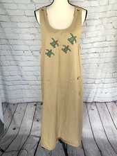 Ol’ Paint Turtle Embroidery Beige Denim 100% Cotton Maxi Overall Dress Pockets M
