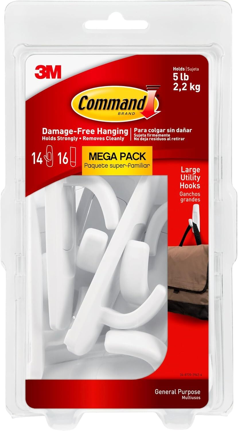 Command Large Utility Hooks, Holds up to 5 lb, 14 Hooks and 16 Large, White