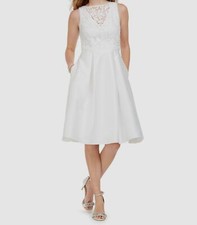 $229 Adrianna Papell Womens White Lace Pleated MIDI A-Line Cocktail Dress Size 2