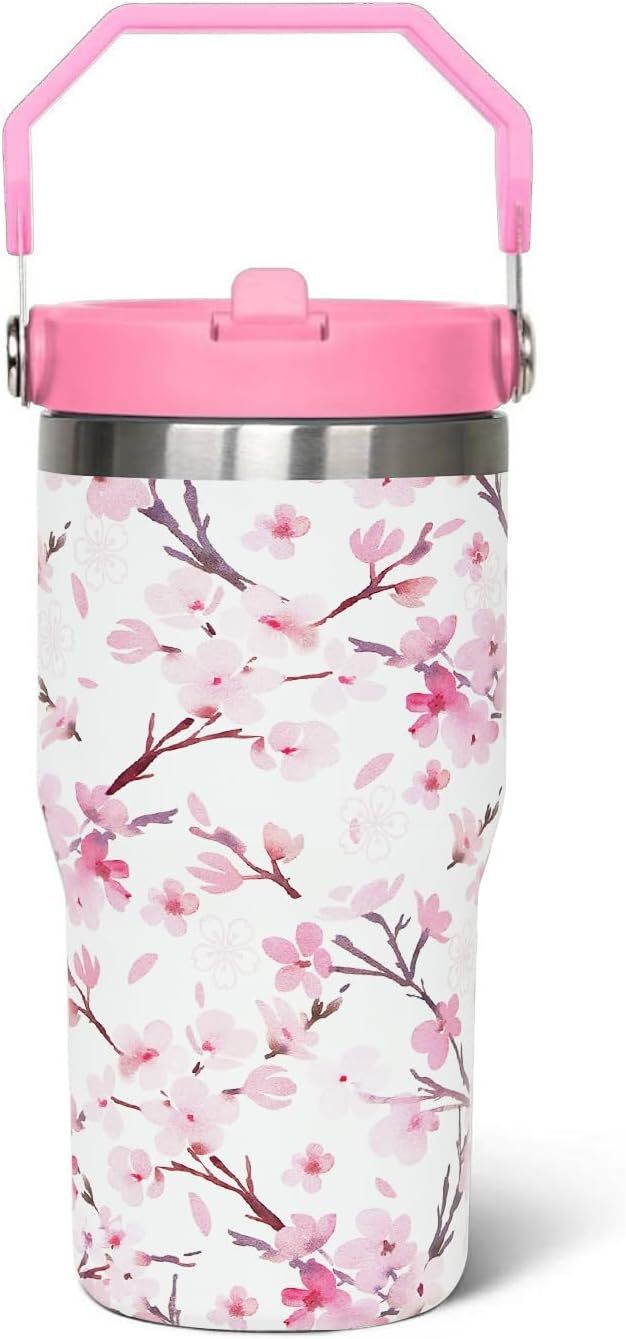 20 oz Cherry Blossom Tumbler with Handle Tumblers with Flip Straw and Top Handle