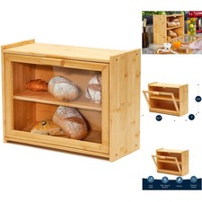 Bamboo Bread Box Double Layer Storage Organizer Clear Window Kitchen