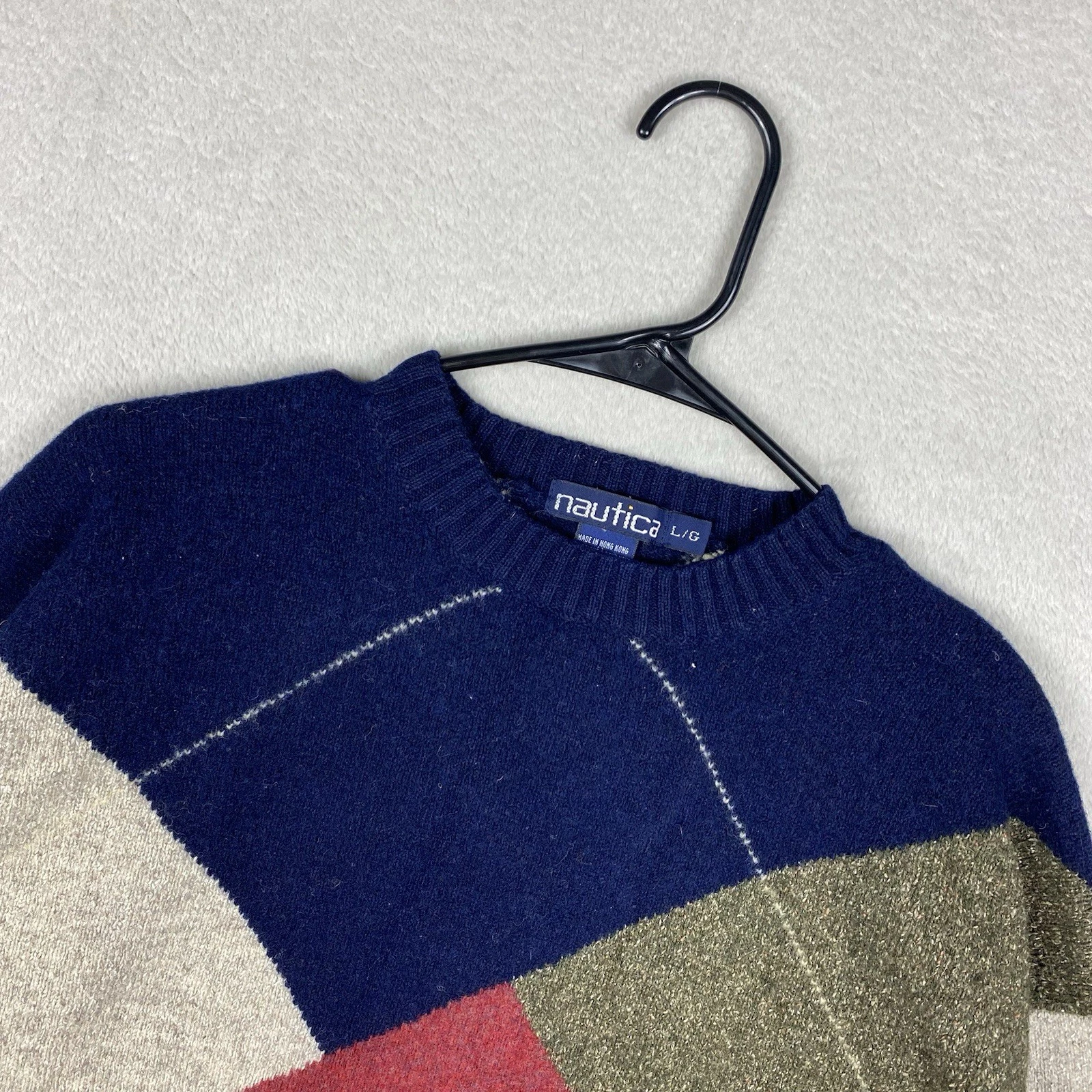 Vintage Nautica Wool Silk Blend Argyle Sweater Men's L Color Block 90s Academia