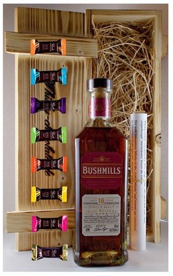 Bushmills 16 Jahre irischer Whiskey + 8 Edelschokoladen in Holzkiste Geschenk