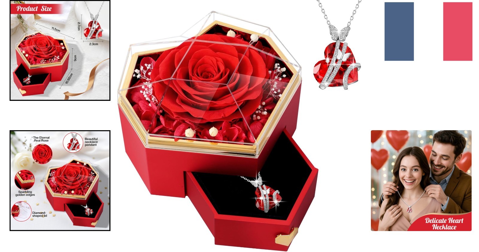 Coffret Rose Éternelle Rouge et Collier Cœur en Argent