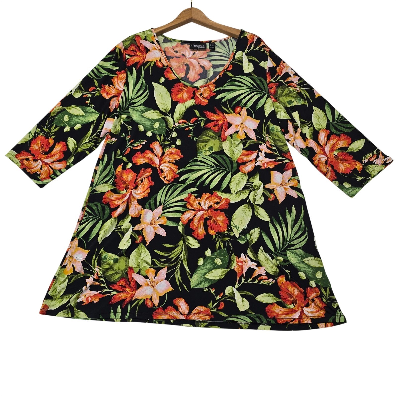 Attitudes by Renee Womens 1X Tropical Floral 4-way Stretch Top Blouse