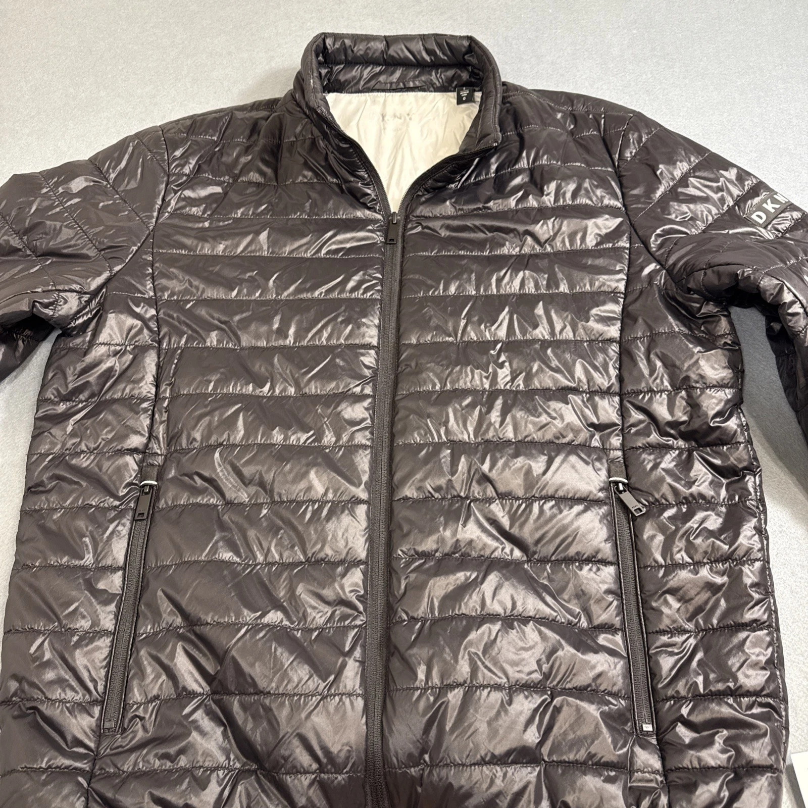 JACKET PUFFER DKNY MENS XL BLACK GRAY Packable Lightweight QUILTED