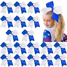 18 PCS 8 Inch Large White Blue Cheer Bow Elastic Band Hair Tie Ponytail Holder
