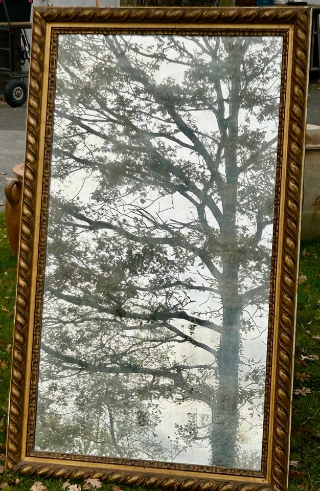 Grand miroir ancien doré Bois et stuc godrons miroir partielement dé-mercurisé - Photo 3/4