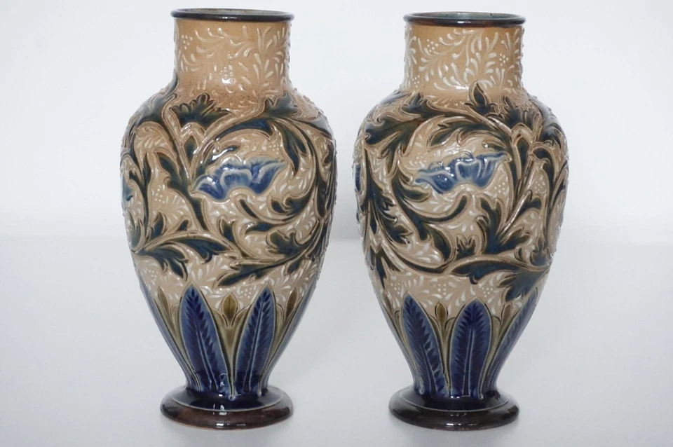 Doulton Lambeth Pair Vases - Alice E.Budden - Incised Floral Design - c.1886 - Image 3 of 4