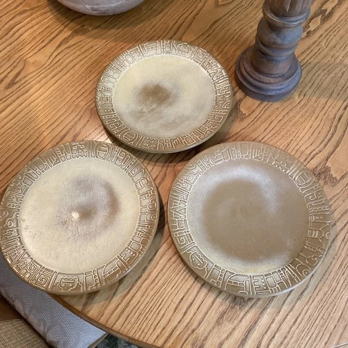 Set of 3 Vintage Frankoma Pottery 10" Mayan Aztec Desert Gold Dinner Plates