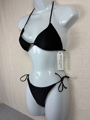 Brave Soul Damen Triangel Bikini Set Größe 12 M Schwarz String Neckholder Badeanzug