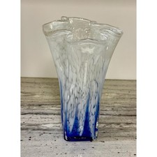 Vintage Murano Style Art Glass Vase Blue White Ruffled Rim 10 MCM