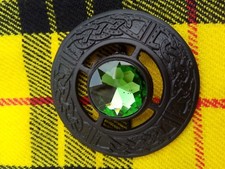Scottish Fly Plaid Brooch With 1 Green Stone In Matt Black Finish 3" Brooch