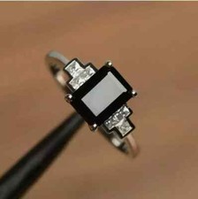 Emerald Cut Black Onyx  Lab Created Diamond Wedding 14Ct White Gold Finish Ring