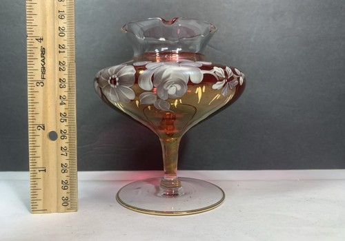 VINTAGE CZECH BOHEMIAN RED GLASS CRYSTAL VASE PAINTED FLOWERS GOLD - Picture 2 of 6