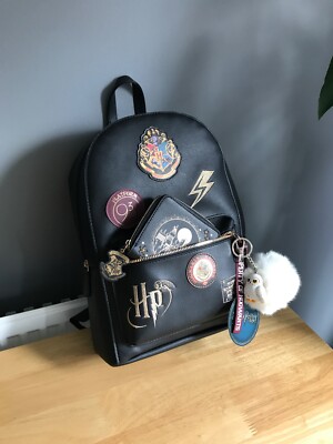 Primark Black Faux Leather Vinyl Harry Potter Zipped Bag Backpack