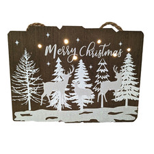 Merry Christmas Light Up Wood Sign Illuminated Lighted, Rustic Pine Trees Deer