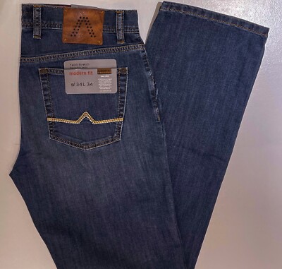 Alberto Men's Jeans; Modern Fit in Mid-Blue Denim, cotton/strech