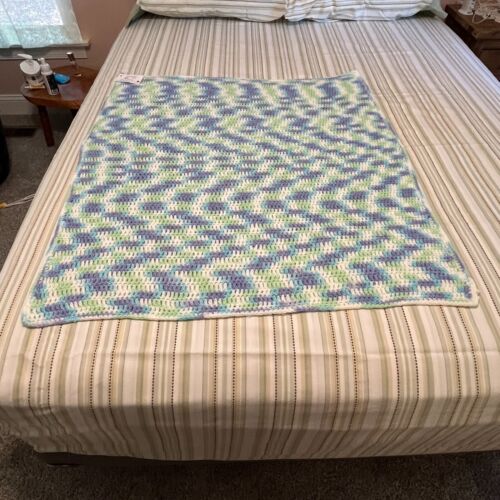 Handmade Crochet Baby BlanketAfghan Purple Blue Green White Stroller Crib 38"x35