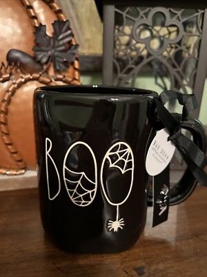 Rae Dunn BOO! Black Halloween Mug With Spider And Spiderwebs