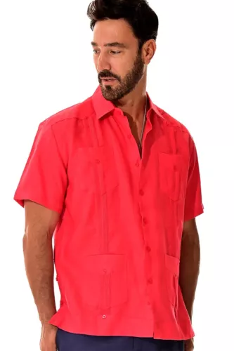 Bohio 100% Soft Linen Guayabera Shirt for Men -RED Traditional (4) Pocket -LS399