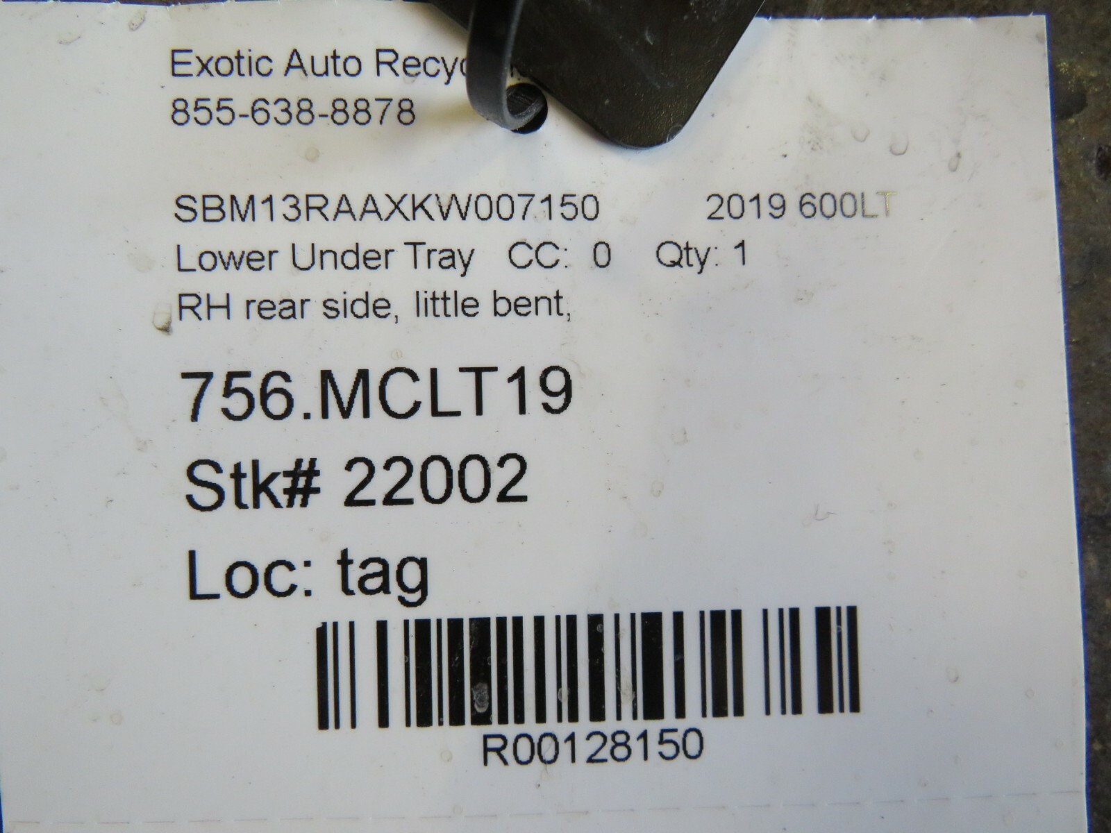 McLaren 600LT, RH, Right, Rear Side Lower Under Tray, Bent, Used 
