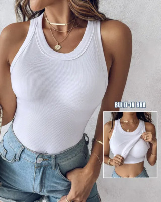 Chic Me Built-in Shelf Bra Tank Top Women's Medium White Ribbed Knit Round Neck