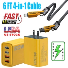 120W Super Fast Type C Wall Charger & 6FT 4 in 1 Cable For All Cell Phone iPad