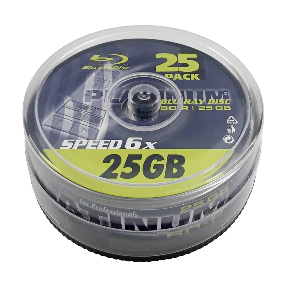 25er Spindel Platinum BD-R 25 GB Blu-ray Rohlinge 135 Min. Aufnahmezeit 6x Speed