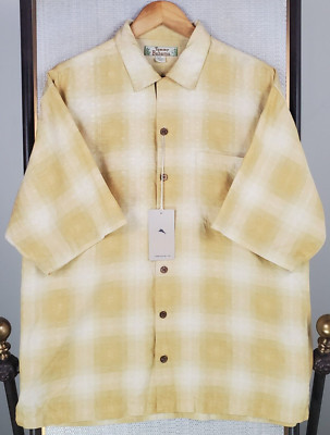 TOMMY BAHAMA NEW $148 Size Medium Mens 100% Silk Gold Plaid Camp Sport Shirt