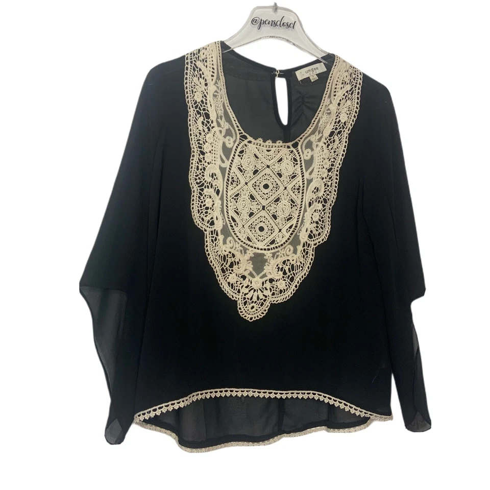 Top túnica Umgee negro transparente manga larga campana dividida crema boho ganchillo