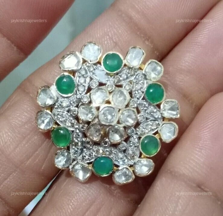 Rose Schnitt Polki Diamantring, 925 Silber Smaragd Edelstein Blume Ring Jubiläum - Bild 3 von 4